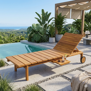 Chaise longue réglable en teck massif avec roulettes, design moderne, coussins résistants aux UV inclus, mobilier de patio pour piscine et resort - Product Image 2