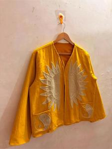 Premium Yellow <b>Velvet</b> Embroidered Suzani <b>Jacket</b> with Sun and Yin Yang Pattern Full Sleeve V-Neck Handmade Boho Autumn Coat - Product Image 4