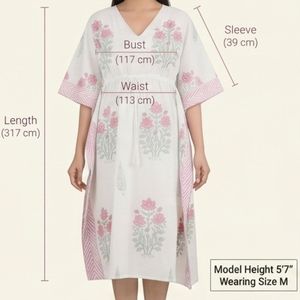 Floral Block Prints Blush Boom <b>Kaftan</b> Handwoven Cotton Elegant Fashion Dresses for Leisure Free Size" - Product Image 2