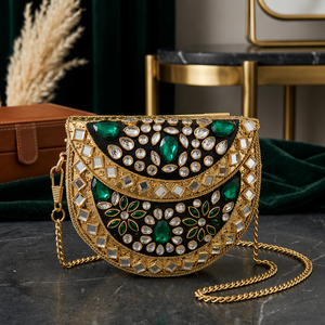 AL MALIK CRAFT Gold Plated Embroidered <b>Clutch</b> <b>Bag</b> with <b>Green</b> Stone Flower Design <b>for</b> <b>Wedding</b> Party Made in Uttar Pradesh - Product Image 3