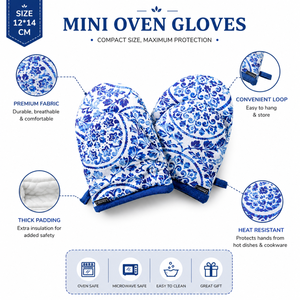 Blue Floral Mini Oven Mitts Set 12x14 cm | Heat Resistant Cotton Kitchen Gloves <b>Pot</b> <b>Holders</b> for Baking Cooking BBQ Microwave Use - Product Image 5