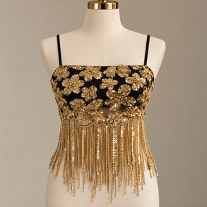 <b>Women's</b> <b>Black</b> Sexy Cami <b>Top</b> Gold Floral Sequin Embroidery Tassel Fringe Breathable Club <b>Tank</b> Crop - Product Image 1