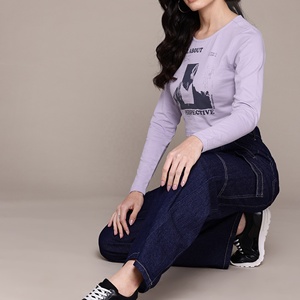 เสื้อครอปแขนยาวสีลาเวนเดอร์สำหรับผู้หญิง พิมพ์ลายภูเขา คอกลม ผ้าถักลำลอง 100% ผ้าฝ้าย แขนยาว ทรงพอดีตัว - Product Image 4