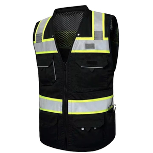 Multi-Pocket Reflective Safety Workwear Men <b>Hi</b>-<b>Vis</b> <b>Black</b> Construction <b>Vest</b> Bulk Custom Logo Breathable Utility Uniform Polyester - Product Image 1