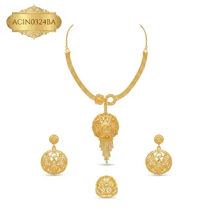 Stylish 18K Gold Plated Brass Box Chain Necklace Set Wedding Style Flower Pattern Earrings & Rings Jewelry for Women - Product Image 2