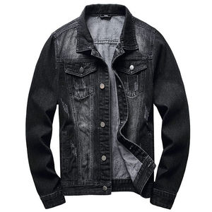 Veste en jean délavé noir pour homme, coupe droite décontractée, fermeture boutonnée simple, vêtement d'extérieur d'hiver coupe-vent et écologique - Product Image 1