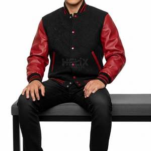 Veste varsity en laine noire pour homme, manches en cuir rouge, broderie personnalisée du logo, fabricant OEM, vestes varsity bomber - Product Image 4