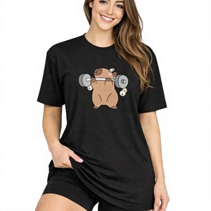 <b>Cute</b> Cartoon <b>Bear</b> Lifting Dumbbells Printed Black Short Sleeve T-Shirt Regular Fit O-Neck Casual Men's Jersey Cotton Top - Product Image 1