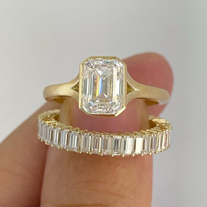 Emerald Cut Moissanite Engagement <b>Ring</b> Set Gold Plated Split Shank Bezel Set Baguette Cut Eternity Band for Wedding - Product Image 4