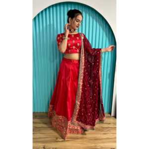Lehenga Choli de Satén con Cintura Natural y Corte en A, para Fiestas, con Detalles de Zari y Lentejuelas, con Top Corto, Elemento de Moda - Product Image 1