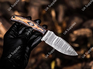 มีดใบตรงด้ามไม้ปักก้า ดามัสกัสสตีล พร้อมปลอกหนัง สำหรับล่าสัตว์และตั้งแคมป์ แบบพกพา รับผลิต ODM/OEM  ขั้นต่ำในการสั่งซื้อน้อย - Product Image 4