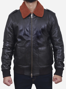 <b>Men</b> Genuine Black <b>Leather</b> <b>Jacket</b> <b>Brown</b> Fur Shearling Collar Bomber Aviator Winter <b>Jacket</b> - Product Image 4
