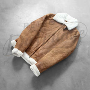 Veste bomber en peau de mouton marron clair pour homme avec col et doublure en fausse fourrure blanche, veste d'aviateur d'hiver haut de gamme - Product Image 2