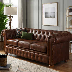 Sofá Chesterfield Tradicional de Cuero Genuino, Tres Plazas, Respaldo Acolchado, Brazos Enrollados, Patas de Madera, Muebles de Sala de Estar, Sofá de Cuero - Product Image 1