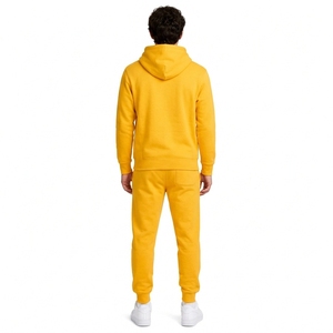Ensemble de survêtement jaune pour homme, sweat à capuche et pantalon, manches longues, couleur unie, vêtement décontracté avec logo imprimé sur le devant, matière en coton respirant, automne - Product Image 2