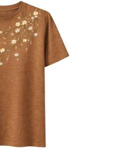 เสื้อยืดผู้หญิงสีน้ำตาลอูฐ ปักลายดอกไม้ ผ้าฝ้ายเนื้อนุ่ม คอกลม แขนสั้น สวมใส่สบาย เหมาะสำหรับฤดูร้อน น้ำหนักเบา - Product Image 3