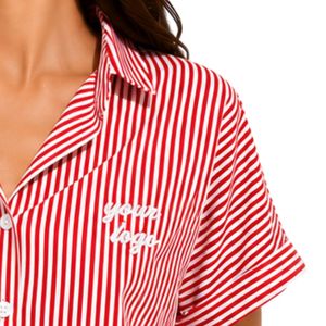 Camisa corta a rayas rojas y blancas personalizada para mujer, logotipo bordado personalizado, blusa informal de verano con botones y manga corta, OEM - Product Image 4