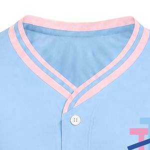 เสื้อเบสบอลผู้หญิงสีฟ้าอ่อน แขนสั้น คอวี ติดกระดุมด้านหน้า แต่งขอบสีชมพู พร้อมลายปัก สำหรับกีฬาประเภททีม - Product Image 3