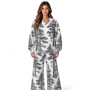 Women's V Neck Sweatshirt and Wide Leg Pants 2 <b>Piece</b> <b>Lounge</b> <b>Set</b> Pink Tree Branch Leaf Print Co Ord <b>Set</b> For Women - Product Image 4