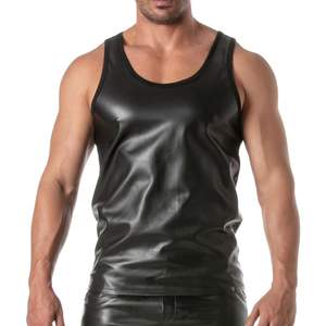 Camiseta sin mangas estilo cuero negro ajustada para hombre, ropa de club, sexy, para fiesta nocturna, top de moda. - Product Image 1