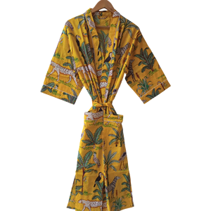 Robe Kimono Artisanale en Coton Premium, Imprimé Floral Jungle, Vêtement de Nuit Long, Fabricant Grossiste, Manches Longues avec Poches - Product Image 1