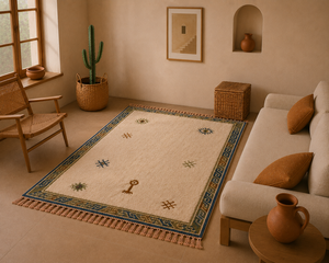 Tapis berbère marocain fait main en laine, noué à la main, minimaliste, style Beni Ourain, avec bordure tribale - Product Image 2