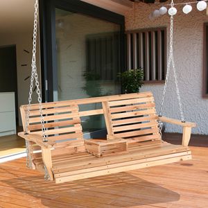 Panca oscillante da Patio in legno a 3 posti con tavolo pieghevole e portabicchieri naturale 440 libbre per portico o spazio esterno - Product Image 2