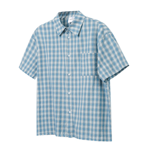 เสื้อเชิ้ตแขนสั้นลายสก็อตสีน้ำเงินสำหรับผู้ชาย ปกคอปก ผ้าฝ้ายป๊อปลิน 100% ระบายอากาศได้ดี เหมาะสำหรับใส่ในฤดูร้อน ติดกระดุม - Product Image 2