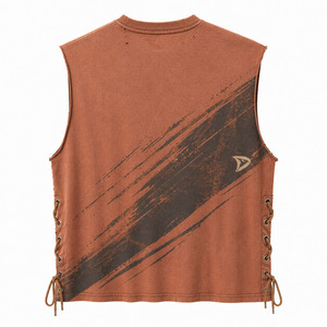 Oversized Boxy Streetwear Muscle Tee Tank <b>Top</b>, Vintage Washed Cotton Slub Jersey, Distressed Graphic Print, Lace-Up Side Detail - Product Image 5