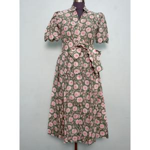 Kangura Women's Eco-friendly 100% Cotton Modern Floral A-Line Midi Dress V-Neck Short Sleeve Breathable Button Decoration Office - Product Image 3