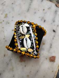 Conifer Hand Embroidered Hinged Cuff Bracelet <b>Mirror</b> Work Beads Cowrie Shell Boho Ethnic Statement Fashion Jewelry India Women - Product Image 1