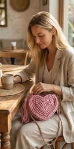 Bolso de Mano de Ganchillo con Corazón Étnico para Mujer - Bolso de Hombro Boho Rosa Empolvado con Dos Correas y Perlas, Tejido de Cordón de Algodón - Product Image 2