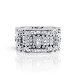 Bague statement en diamant rond en or blanc 14 carats, bijou raffiné pour homme, avec motif d'engrenage mécanique - Product Image 1