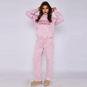 Ensemble de survêtement en molleton rose délavé pour femme Moto End Corporation – Sweat à capuche et pantalon décontracté coupe ample toutes saisons - Product Image 4