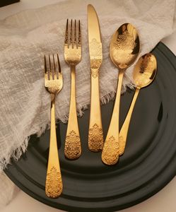 Ensemble de couverts dorés pour mariage, 5 pièces, en acier inoxydable, cuillère, fourchette, couteau, vaisselle gravée pour hôtel, maison, restaurant, décoration - Product Image 4