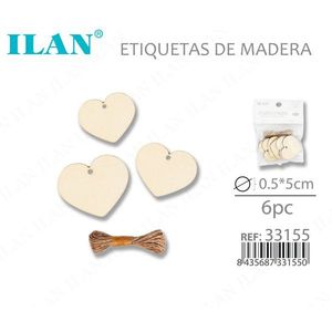 Etichette in Legno a Forma di Cuore Ilan 5x0,5 Cm con Cordino in Iuta, 6 Pezzi per Etichettatura Indumenti - Product Image 3