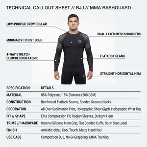 Rashguard de Compresión BJJ No-Gi Personalizado para Hombres Adultos, 200GSM, Poliéster Elastano, Manga Larga, Antimicrobiano, Elástico en 4 Direcciones, OEM - Product Image 5