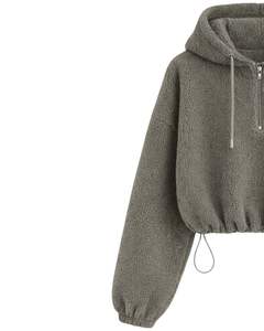 Sudadera Corta con Capucha de Forro Polar Texturizado Gris Oliva, Cierre de Cremallera de un Cuarto, Cintura Ajustable con Cordón, Estilo Casual Urbano, Sudadera Cálida para Hombre, Logotipo Personalizado - Product Image 3