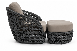 Fauteuil de jardin moderne en osier gris foncé avec coussin taupe et ottoman, une place - Product Image 4