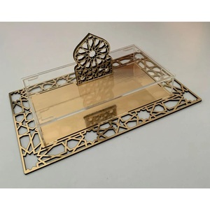 Plateau de service islamique géométrique de luxe Kraft World, résistant à la chaleur, compatible micro-ondes, base en métal doré filigrané, décoratif pour Ramadan et Eid - Product Image 1