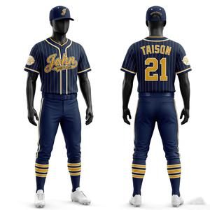 Uniforme de Béisbol de Poliéster Interlock Premium de 220 GSM, Color Crema con Rayas Azul Marino, Raglán, Sublimación Personalizada y Bordado - Product Image 2