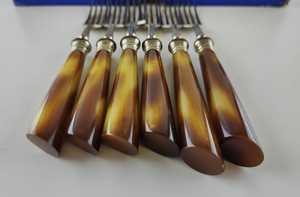 Retro Solingen Steel <b>Forks</b> (6 pcs) with Tortoiseshell‑Style Handles in Original Box, Solingen metal <b>forks</b> with horn re - Product Image 3