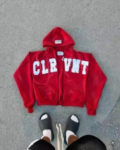 Ensemble sweat à capuche zippé et survêtement épais délavé à l'acide, avec patch brodé vieilli, style streetwear vintage pour homme - Product Image 3