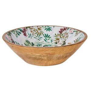 Bol à salade en bois de manguier émaillé, motif floral, fait main, design citron sous émail, fond bleu, pour fêtes - Product Image 2