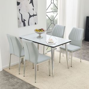Set Tavolo e Sedie Bianco Effetto Marmo con Piano in Vetro, Base in MDF e Gambe Affusolate in Metallo Argento per Ristoranti, 4 Pezzi - Product Image 2