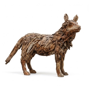 Handcrafted <b>wooden</b> wolf sculpture <b>rustic</b> teak driftwood animal statue looking right standing floor decoration frames spaces unit - Product Image 1
