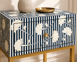WOODEN ARTISTIC Blue Floral Bone Inlay Modern Wooden Nightstand with Storage <b>Drawer</b> Home Bedroom Furniture From Rajasthan - Product Image 2