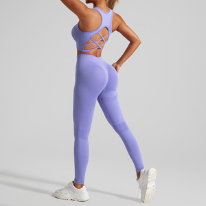 Ensemble de yoga bleu pour femme avec dos croisé, leggings taille haute pleine longueur, extensible dans les quatre sens, tenue de sport sans couture, 2 pièces - Product Image 4