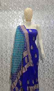 Pure Banarasi Chiffon Georgette Bandhani Suit Set Traditional <b>Gota</b> Patti Zari Weave Premium Unstitched Party Silk Salwar Sun - Product Image 3