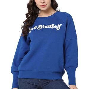 Women Oversized Crew Neck Sweatshirt Full Sleeve Love <b>Yourself</b> Print Blue Knitted Cotton Autumn Casual Top - Product Image 1